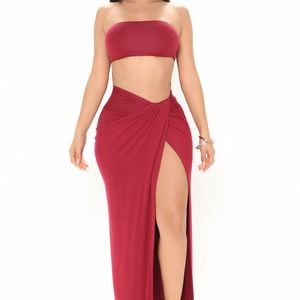 Red two piece top and slit skirt